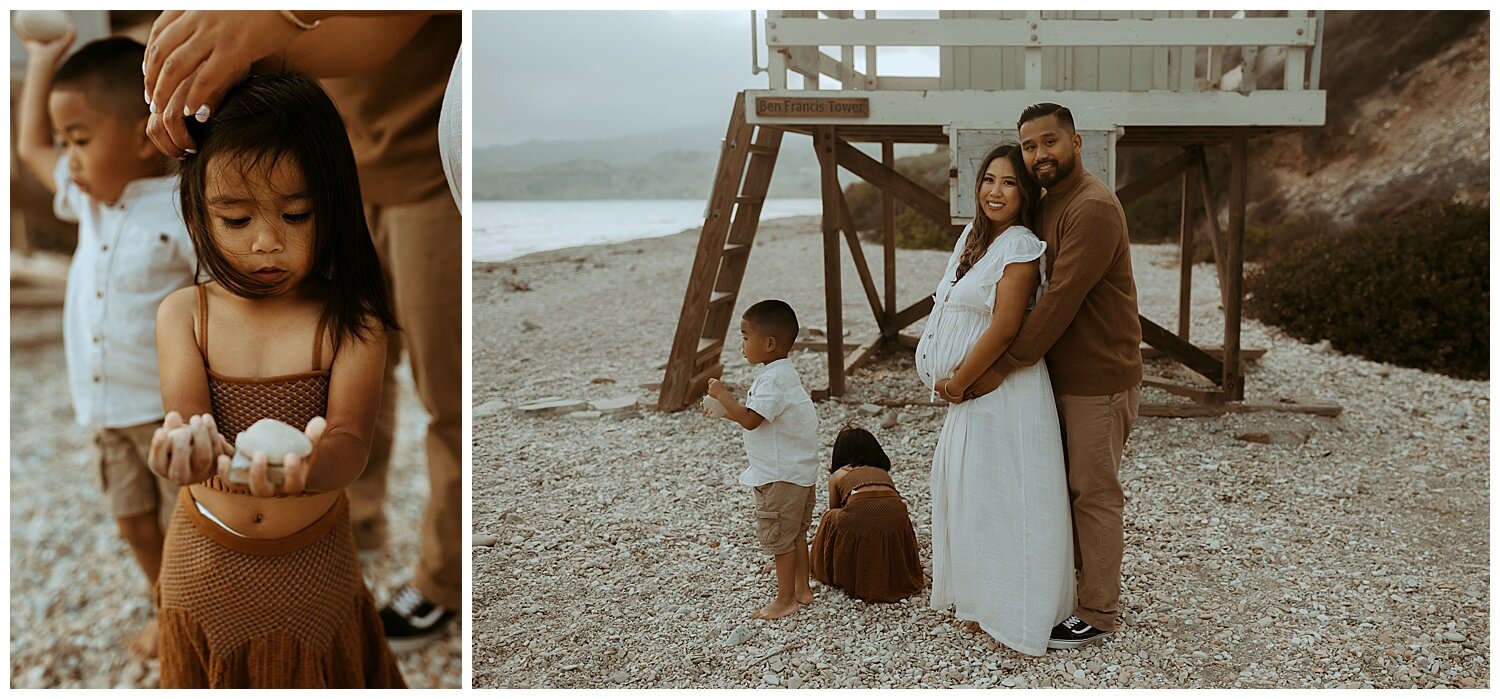 collage of girl holding rocks during maternity photo shoot on Los Angeles beach