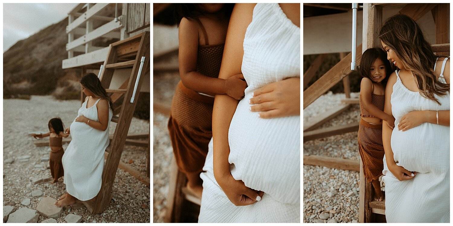 collage of mother and daughter on Palos Verdes beach during maternity session