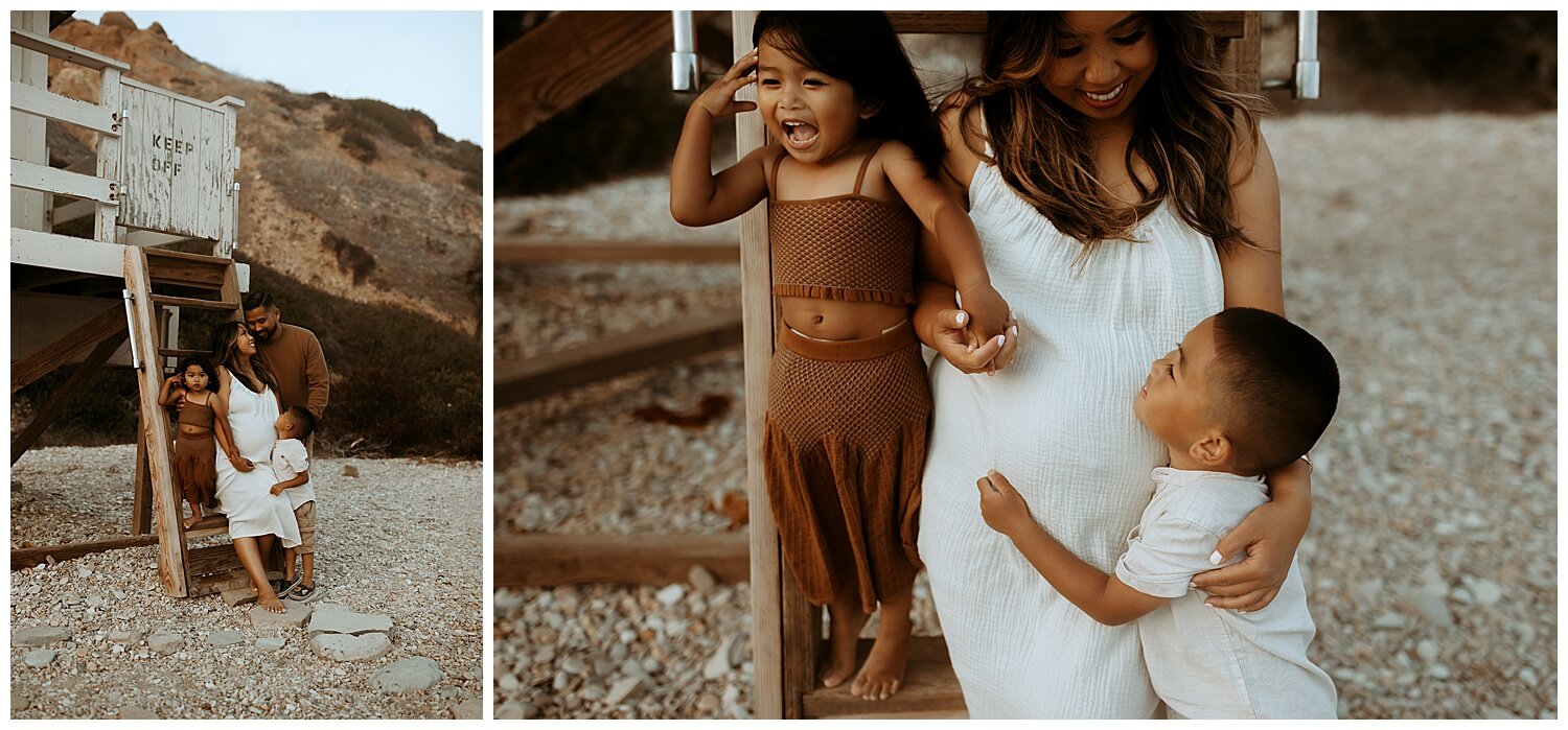 collage of mom and her family during maternity session on Los Angeles beach